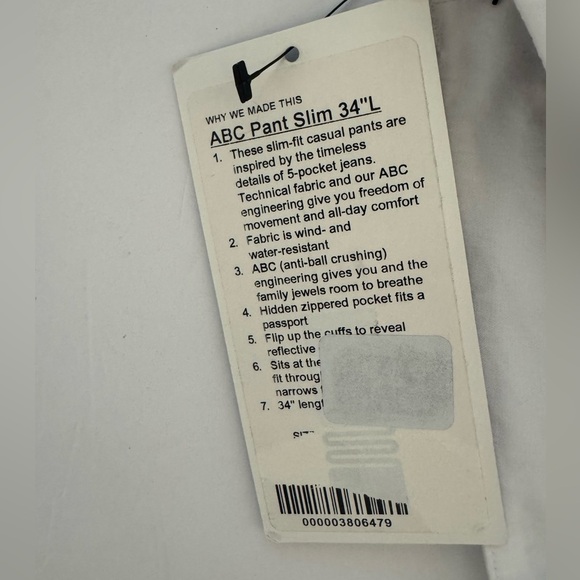 Lululemon ABC Slim-Fit 5 Pocket Warpstreme Pant, Size 28x 34”L, Bone, NWT - Picture 14 of 15